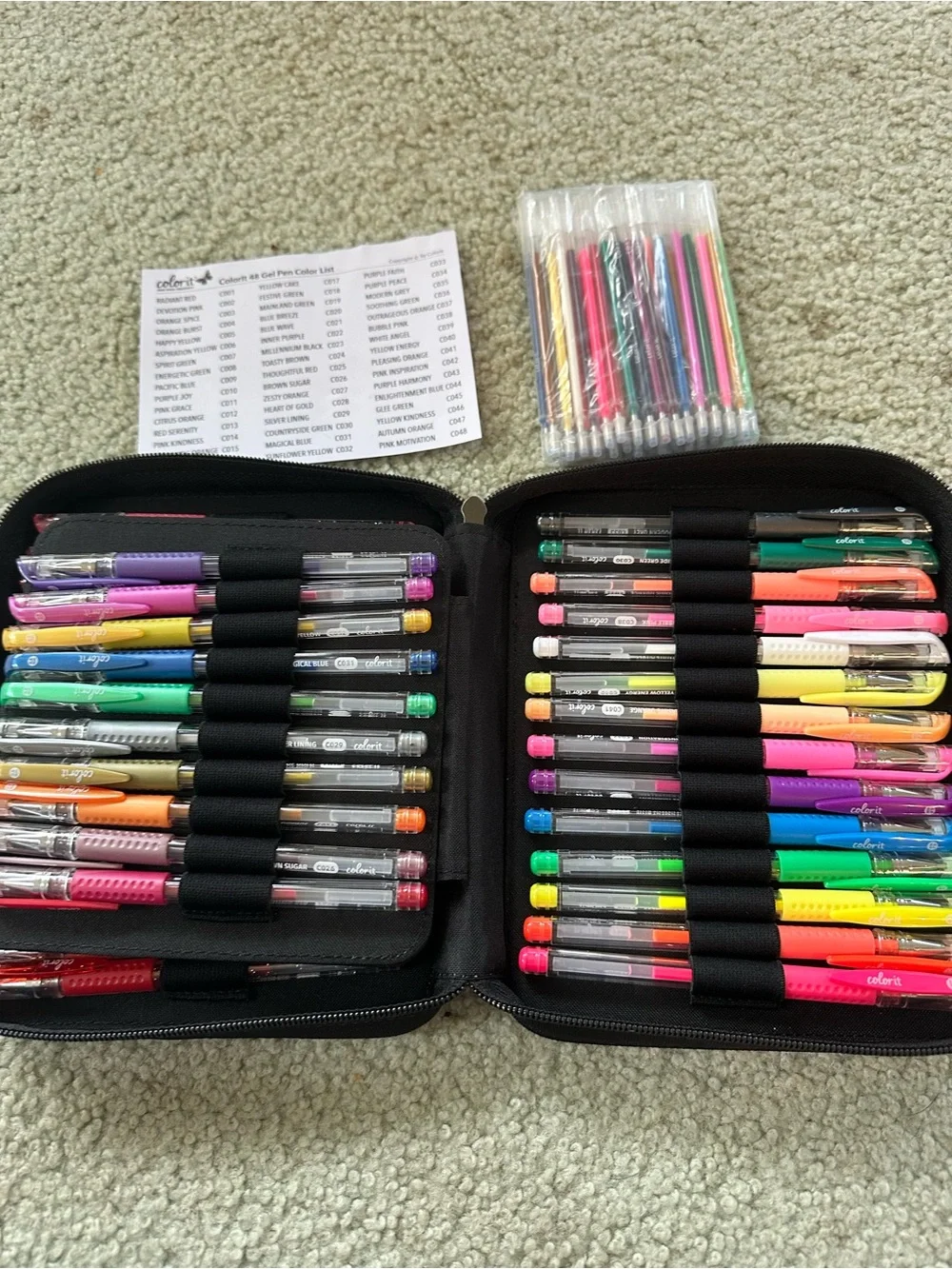 Black Zippered Gel Pen Organizer with Assorted Color Gel Pens